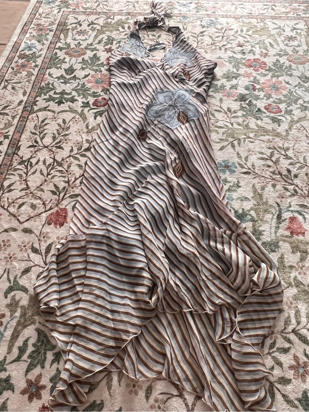 Vintage y2K BCBG Silk halter Dress Size 4 striped Ruffle Hem Blue Brown Grey